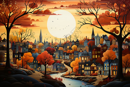 秋天色调的城市建筑插图图片
