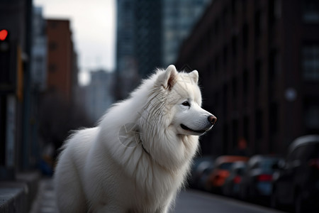 城市中的萨摩耶狗狗图片