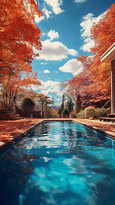 秋天带游泳池的豪华别墅建筑图片