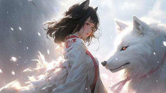 白狼和少女背景图片