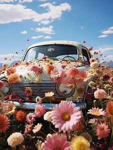 美丽的花朵和汽车背景图片