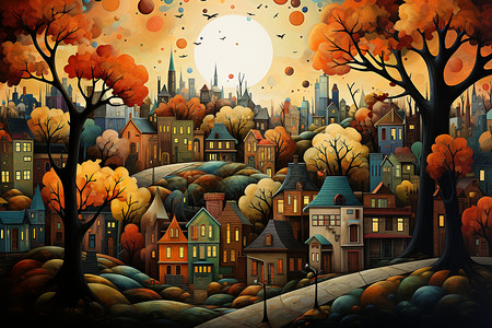 创意秋天城市景观插图图片