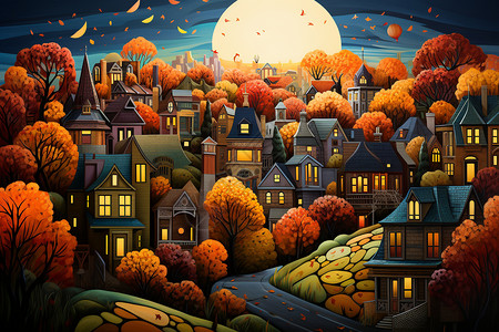 秋天色城市的平面插图图片