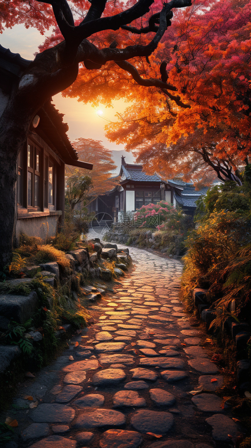 秋天乡村房屋的美丽景观图片
