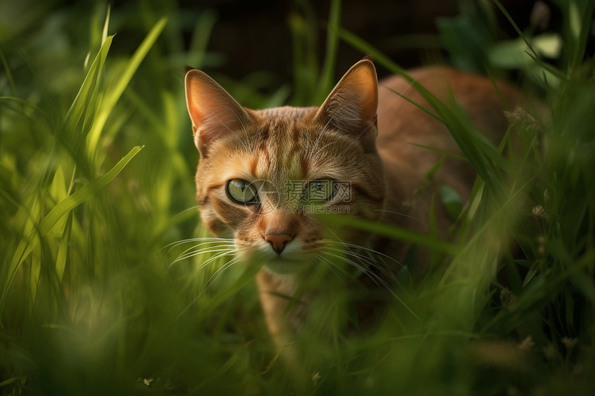 草丛中警惕的猫咪图片
