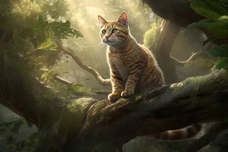 森林树干上的猫咪图片