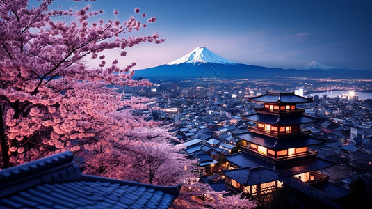 夜晚樱花夜晚城市富士山的美丽景观背景