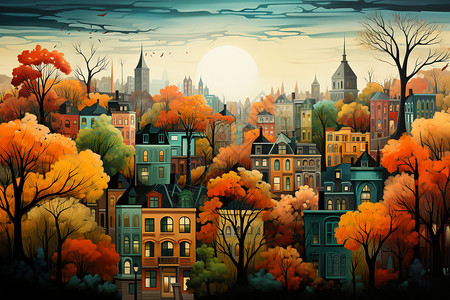迷人的秋天色彩的城市景观背景图片