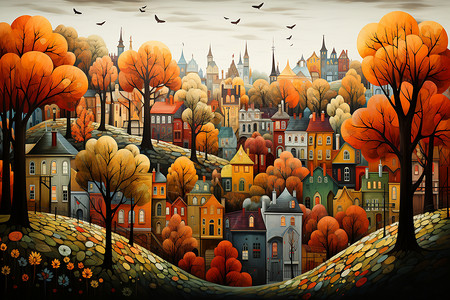 富有的艺术富有想象力的秋天色彩的城市插画