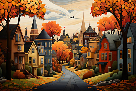 创意秋天城市景观插图图片