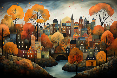 富有想象力的秋天色彩的城市图片