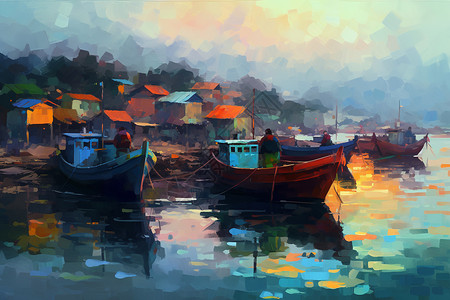 渔村的水彩画图片