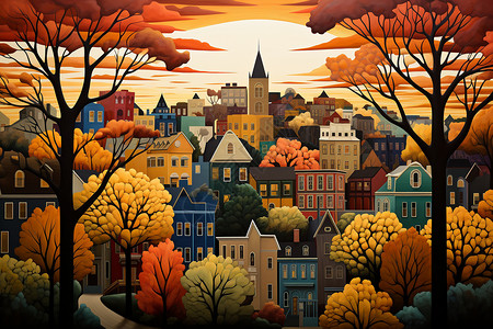 秋天色城市创意插图背景图片