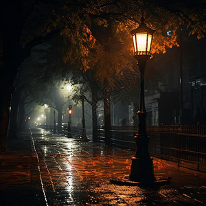夜晚雨天城市街头照明的路灯背景图片