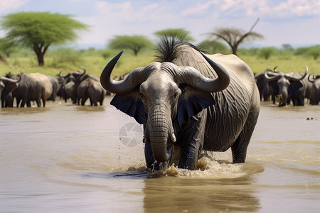 河流里的大象图片