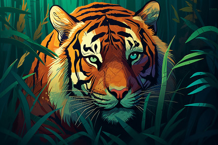 草丛中警觉的老虎背景图片