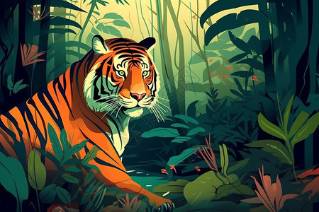 老虎线条丛林中捕食的老虎插画