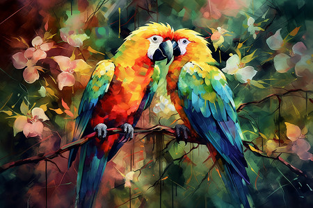 彩色灵动鹦鹉色彩艳丽的水彩鹦鹉插画