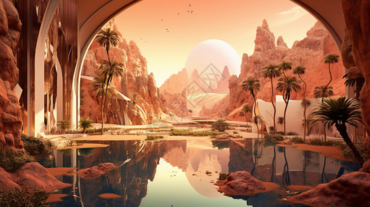 超现实主义沙漠绿洲概念插图背景图片