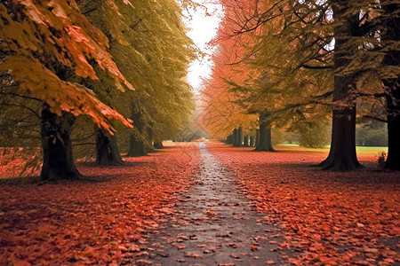 秋天的公园有叶子的路径高清图片