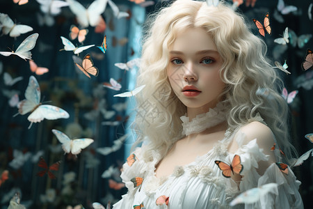 白发女孩和白色的蝴蝶背景图片