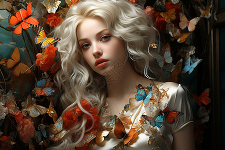 彩色蝴蝶和少女背景图片