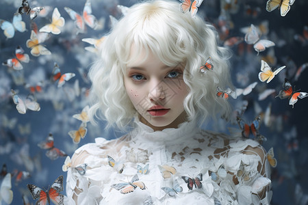 白发少女和蝴蝶背景图片