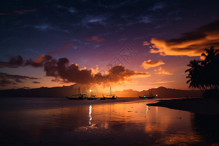 夕阳下的美丽海湾图片