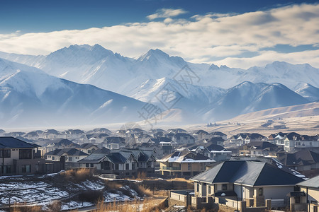 冬季雪山下的建筑景观图片