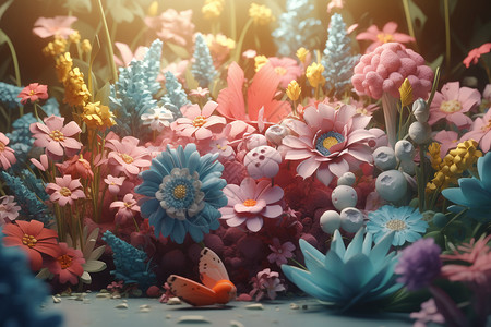 3D鲜花明亮有特色的花朵插画