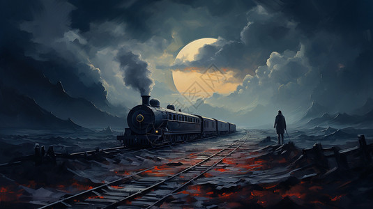 圆月下行驶的火车插画背景图片