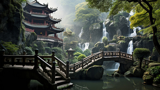 古代建筑和瀑布的自然景观背景图片