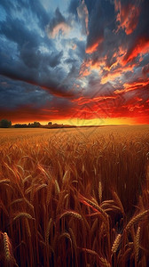 丰收时日落时小麦田的景观背景