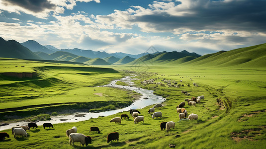 夏季大草原上放牧的牛群背景图片