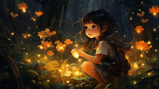 动漫风格森林中的小女孩插图图片