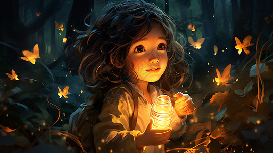 森林中抓萤火虫的小女孩插图图片