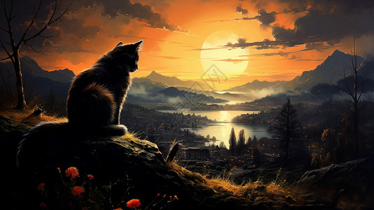 山头风景日落时山顶的猫咪插画