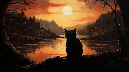 山头观看日落景观的猫咪插画