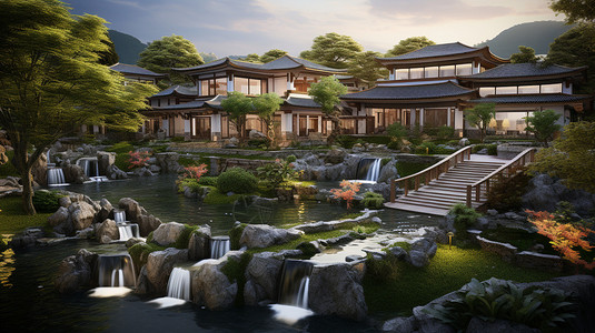 新中式别墅庭院建筑图片
