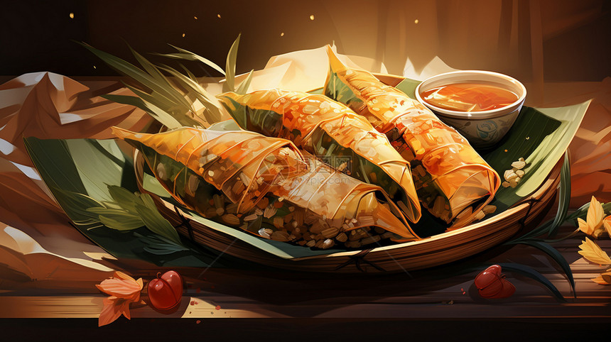 餐盘中美味的端午节粽子图片