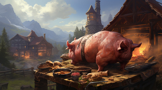 室外火炉旁准备屠宰的猪肉插画
