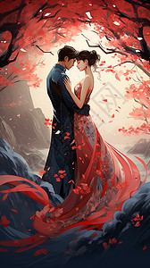 中式浪漫浪漫情侣的卡通插图插画
