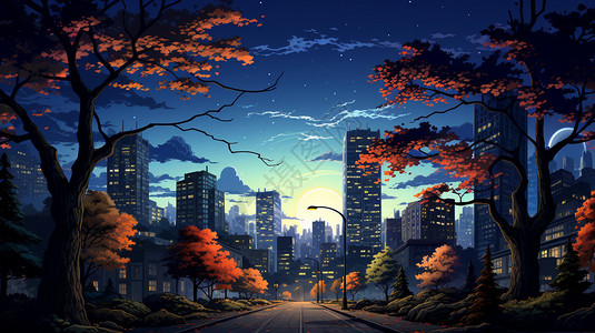秋天傍晚城市夜景创意插图图片