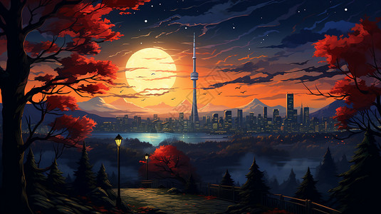 创意抽象秋天城市夜晚景观背景图片