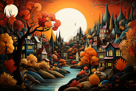 迷人秋天色彩的城市景观背景图片