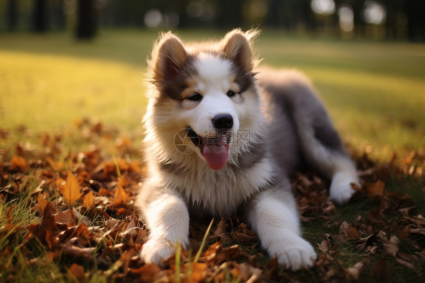 秋季草地上的小狗图片