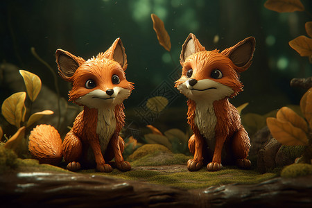 树林中的狐狸立体卡通插画背景图片
