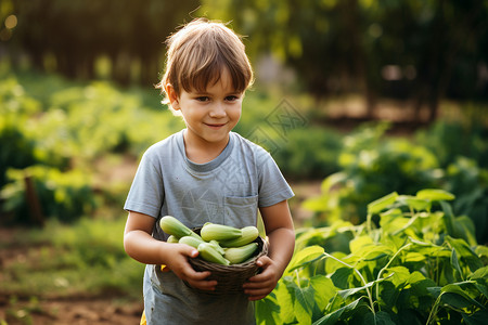农场中收获蔬菜的男孩图片