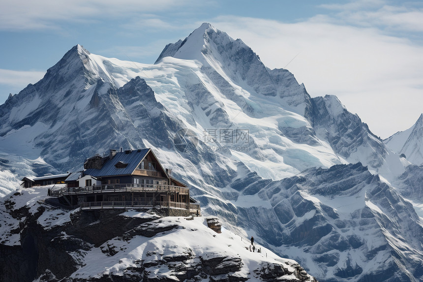 雪山山脉上的房屋图片