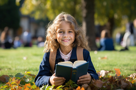 草地上读书的女孩背景图片